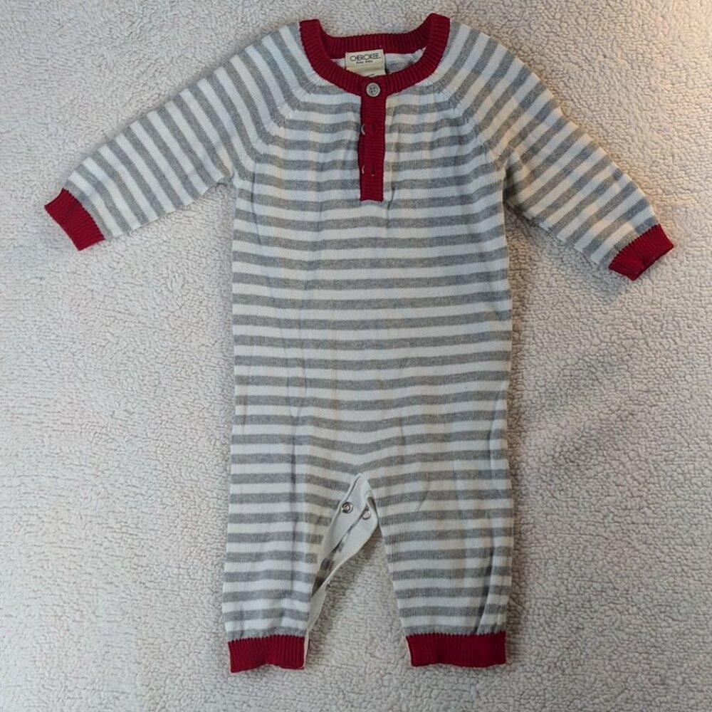 Cherokee Unisex Infant 9 Month Romper Gray & White Stripes with Red Neck & Cuffs